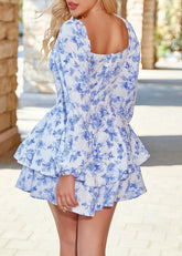 Fulvia | Blue Homecoming Dress: Floral Long Sleeve Corset for Unforgettable Night - Blue Floral - PromDressClub